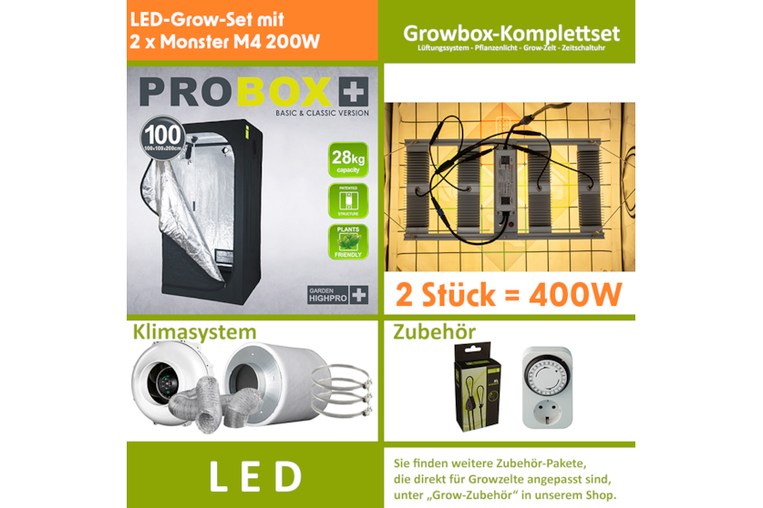 LED-Grow-Set GHP100 mit Lüftung & Lampe nach Wahl