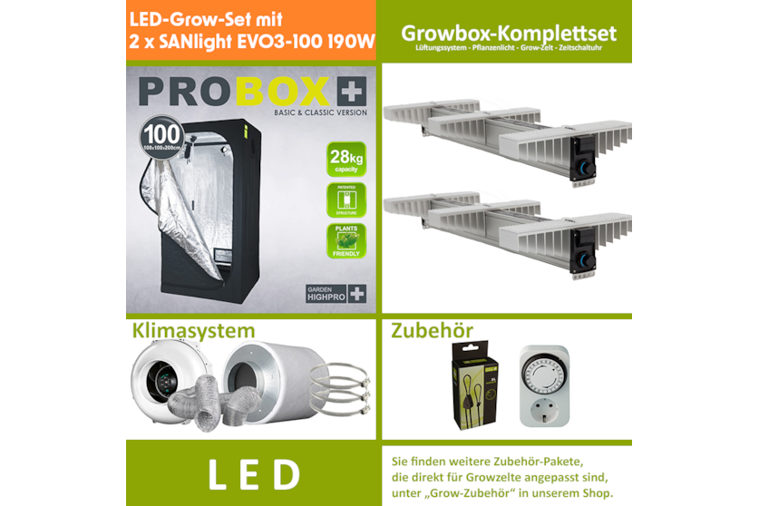 LED-Grow-Set GHP100 mit Lüftung & Lampe nach Wahl