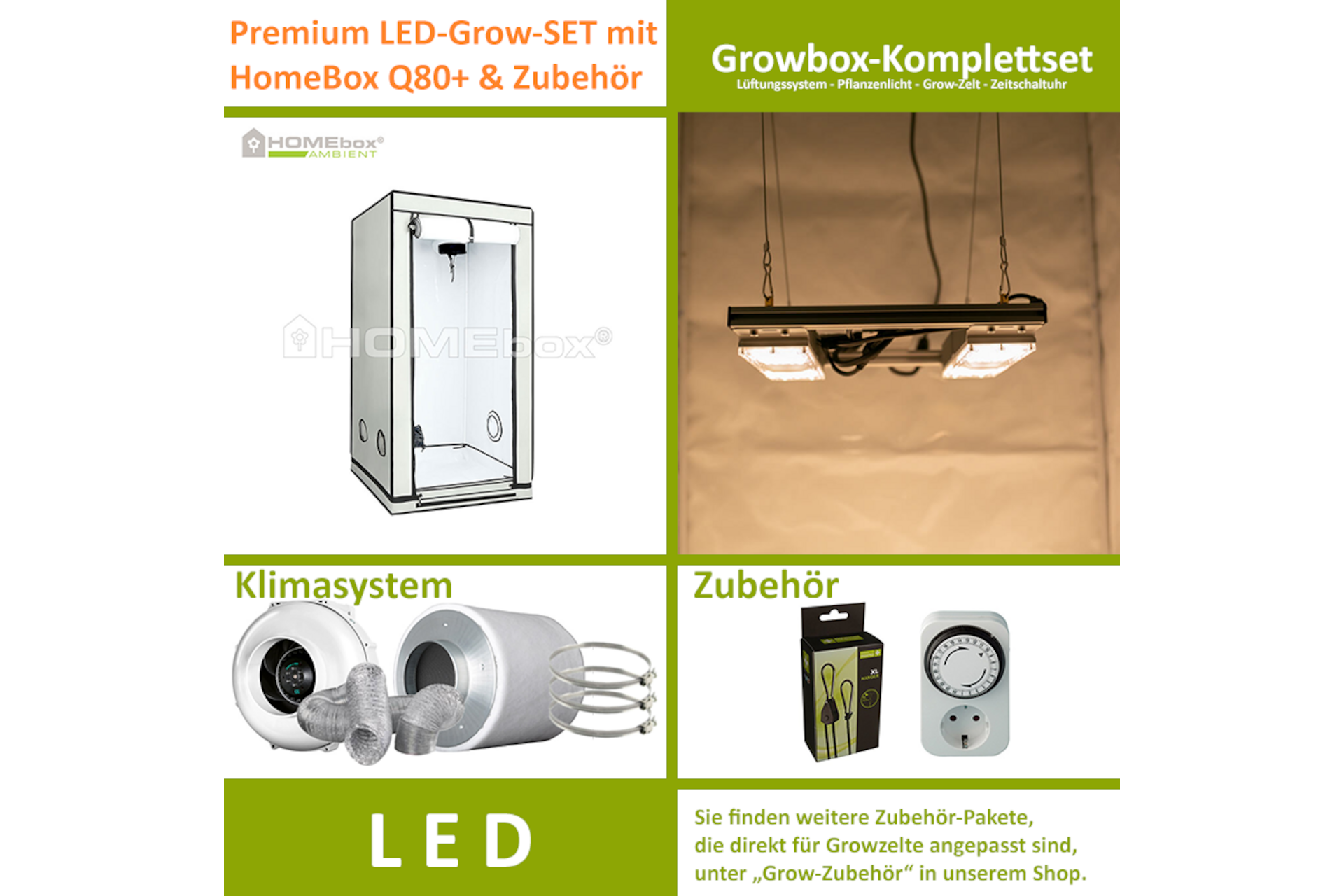 LED-Grow-Set Q80+ mit Lüftung & Lampe nach Wahl