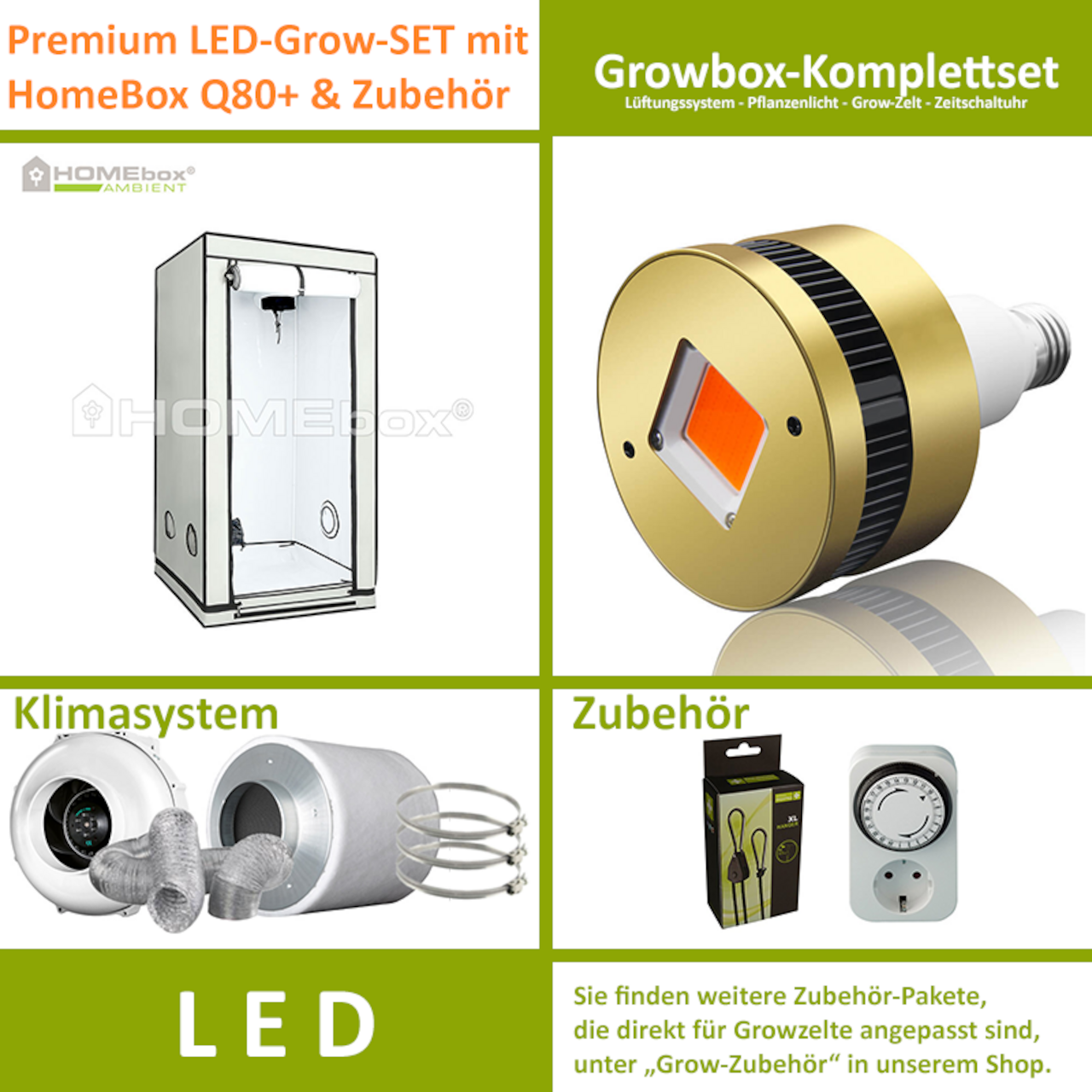LED-Grow-Set Q80+ mit Lüftung & Lampe nach Wahl