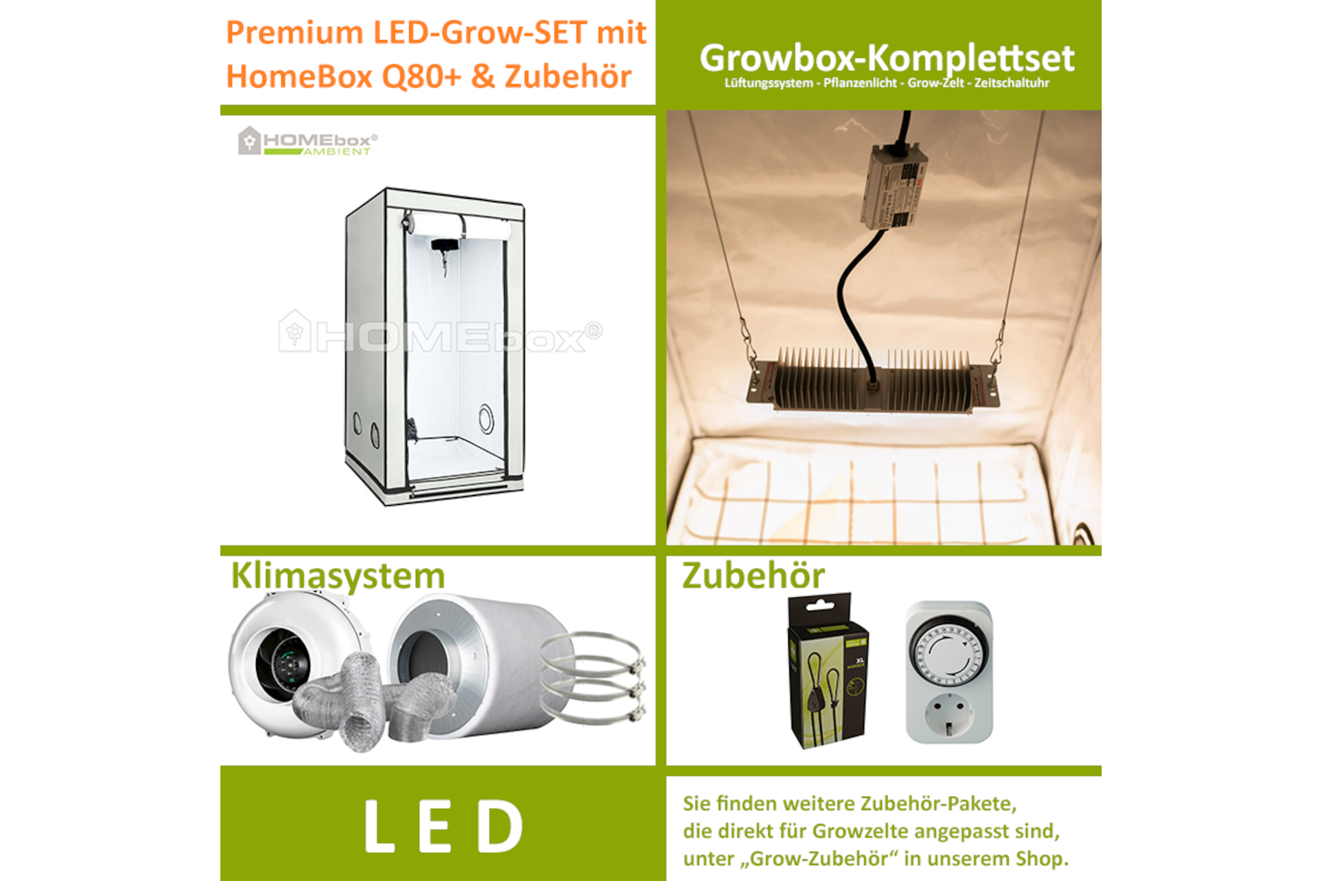 LED-Grow-Set Q80+ mit Lüftung & Lampe nach Wahl