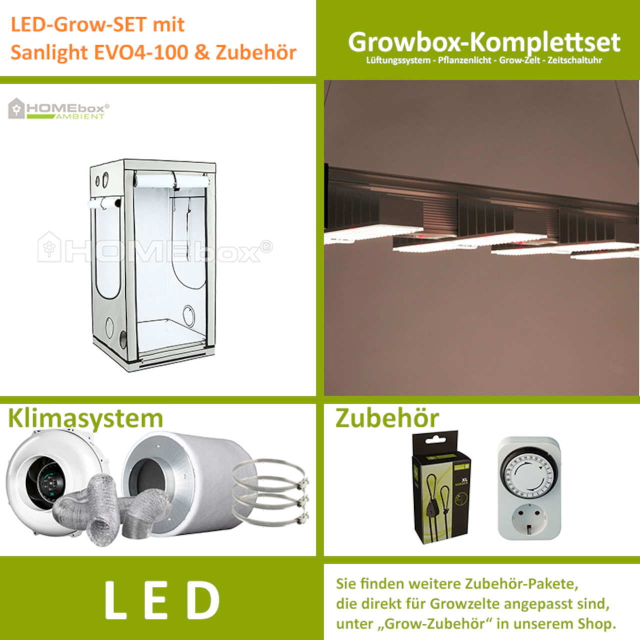 LED-Grow-Set Q100 mit Lüftung & Lampe nach Wahl