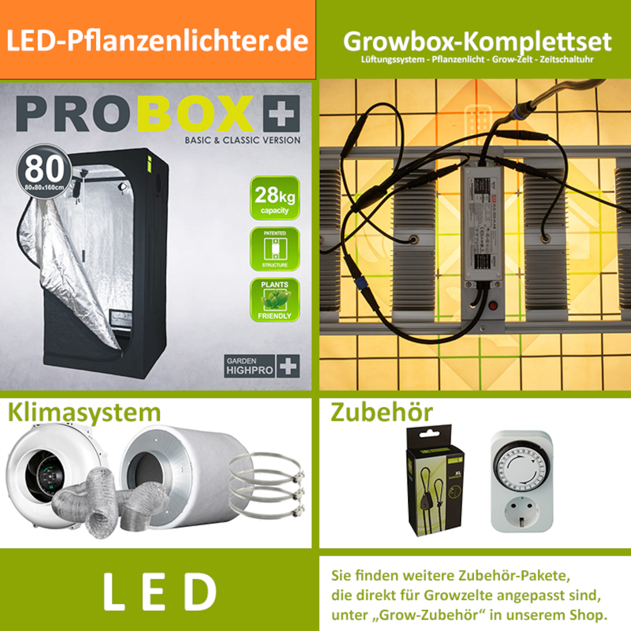 LED-Grow-Set GHP80 mit Lüftung & Lampe nach Wahl