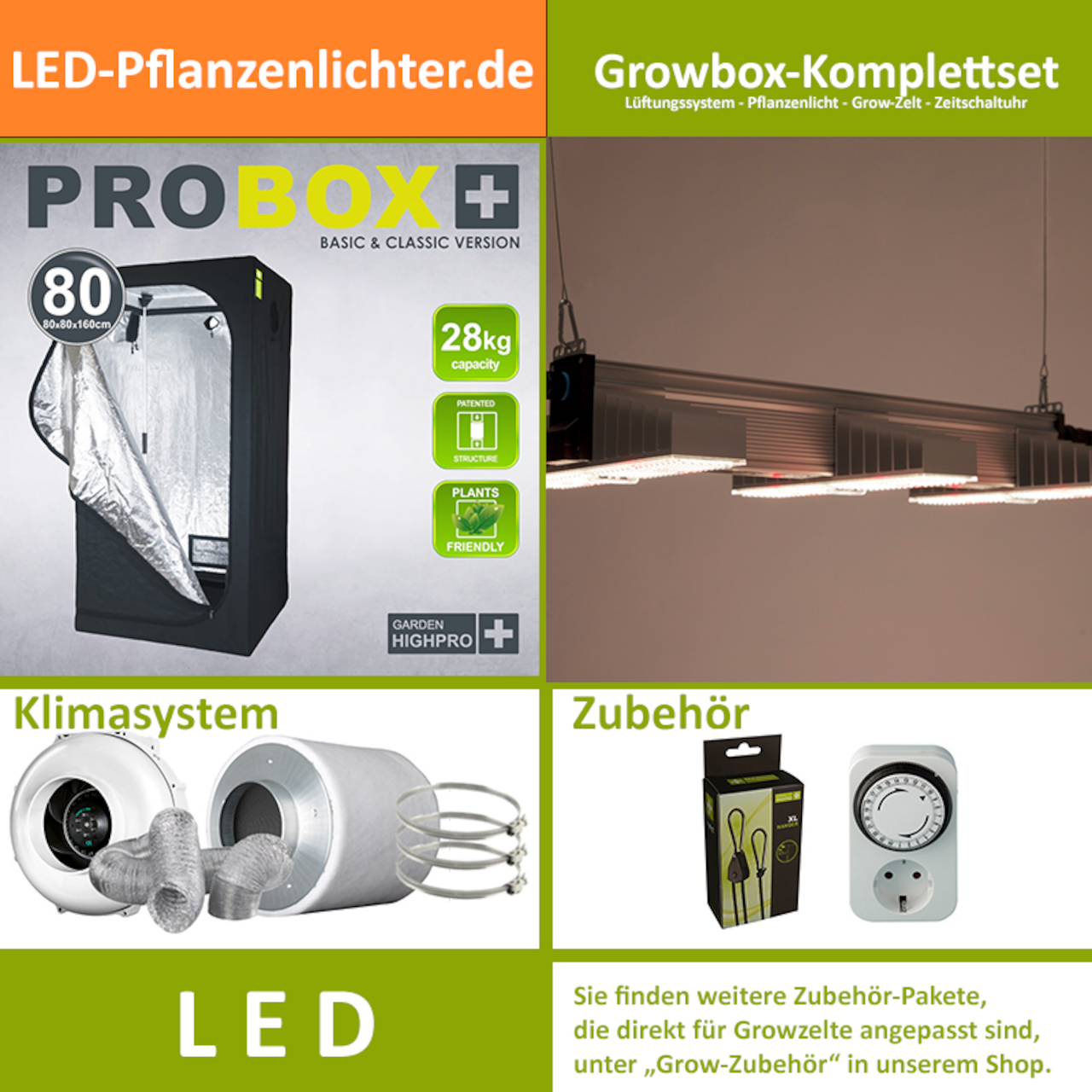 LED-Grow-Set GHP80 mit Lüftung & Lampe nach Wahl