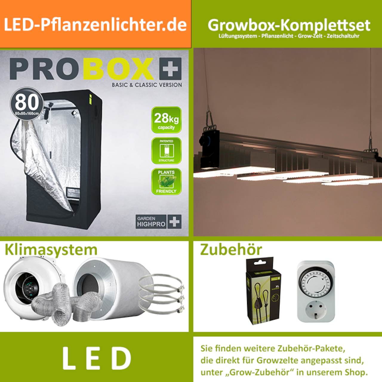 LED-Grow-Set GHP80 mit Lüftung & Lampe nach Wahl