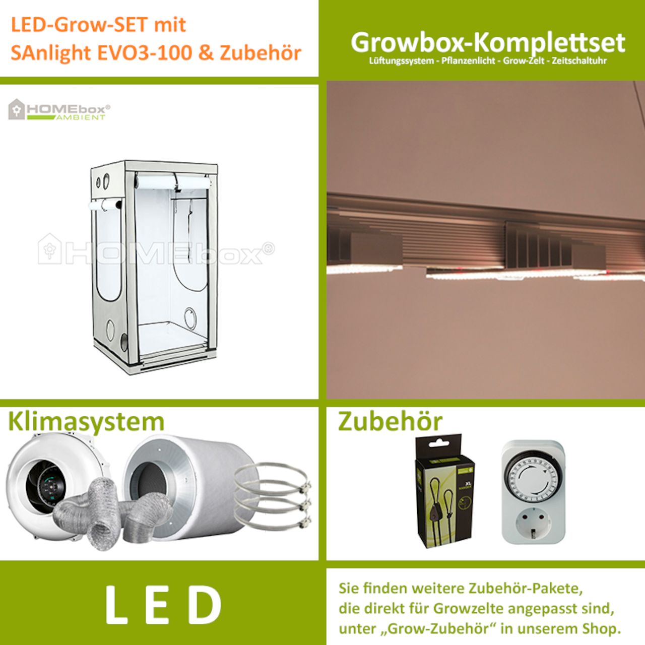 LED-Grow-Set Q100 mit Lüftung & Lampe nach Wahl