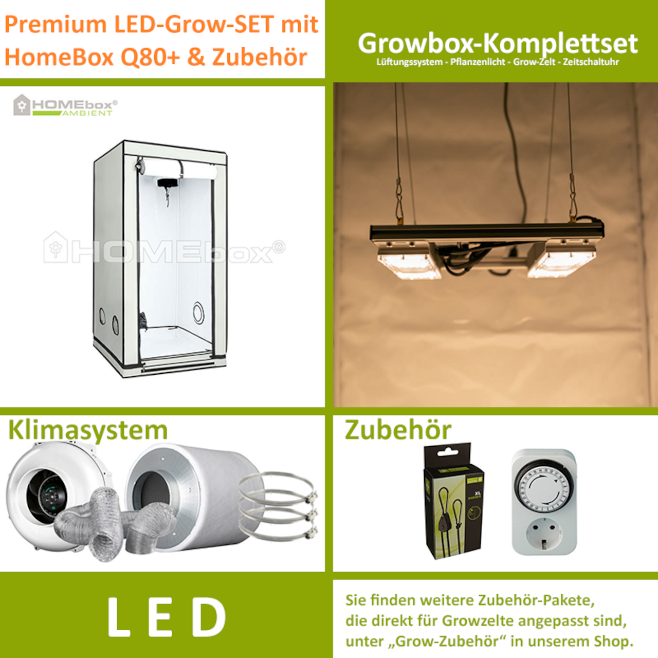 LED-Grow-Set Q80+ mit Lüftung & Lampe nach Wahl