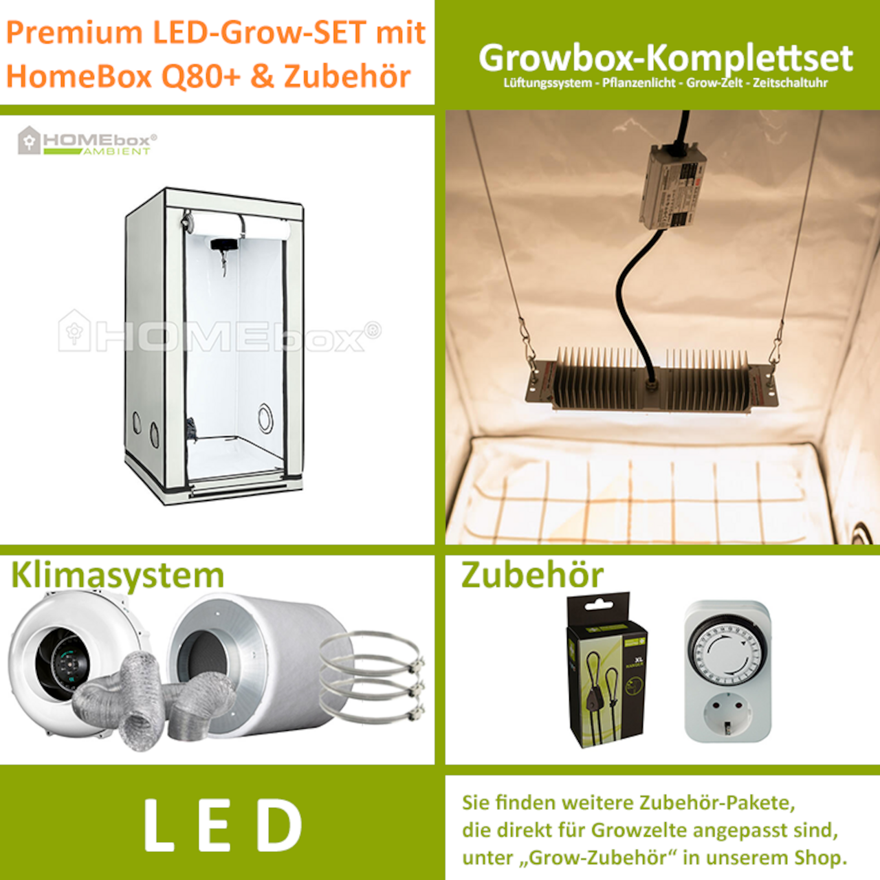 LED-Grow-Set Q80+ mit Lüftung & Lampe nach Wahl