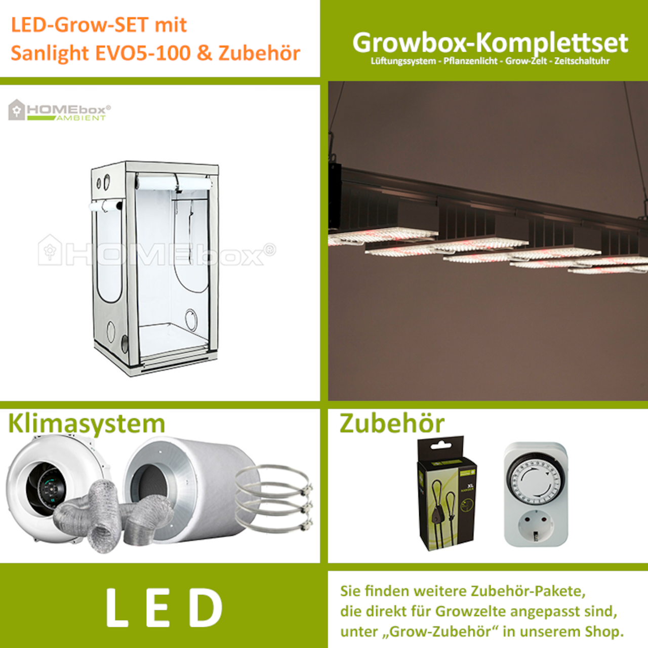 LED-Grow-Set Q100 mit Lüftung & Lampe nach Wahl