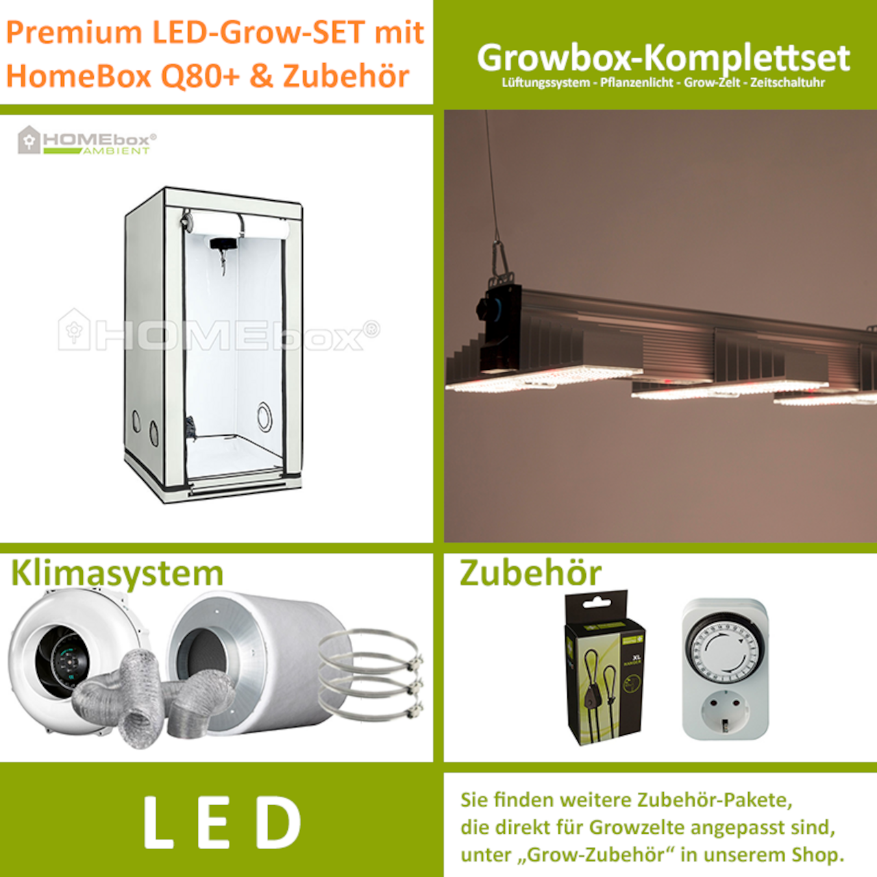 LED-Grow-Set Q80+ mit Lüftung & Lampe nach Wahl